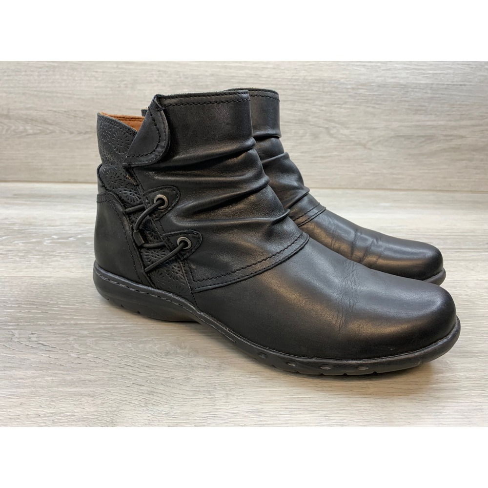 Cobb Hill Women's Black Leather Ruched Floral Ankle Boots 9 Comfort Shoes